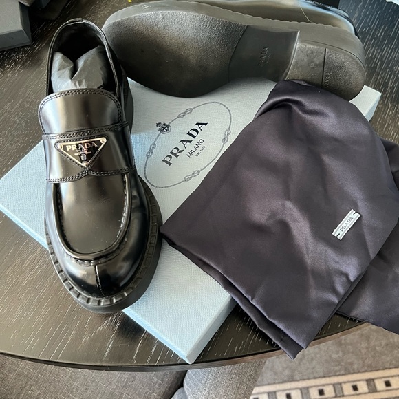 Prada Shoes - Prada Black Patent Leather Loafers with Signature Triangle Logo